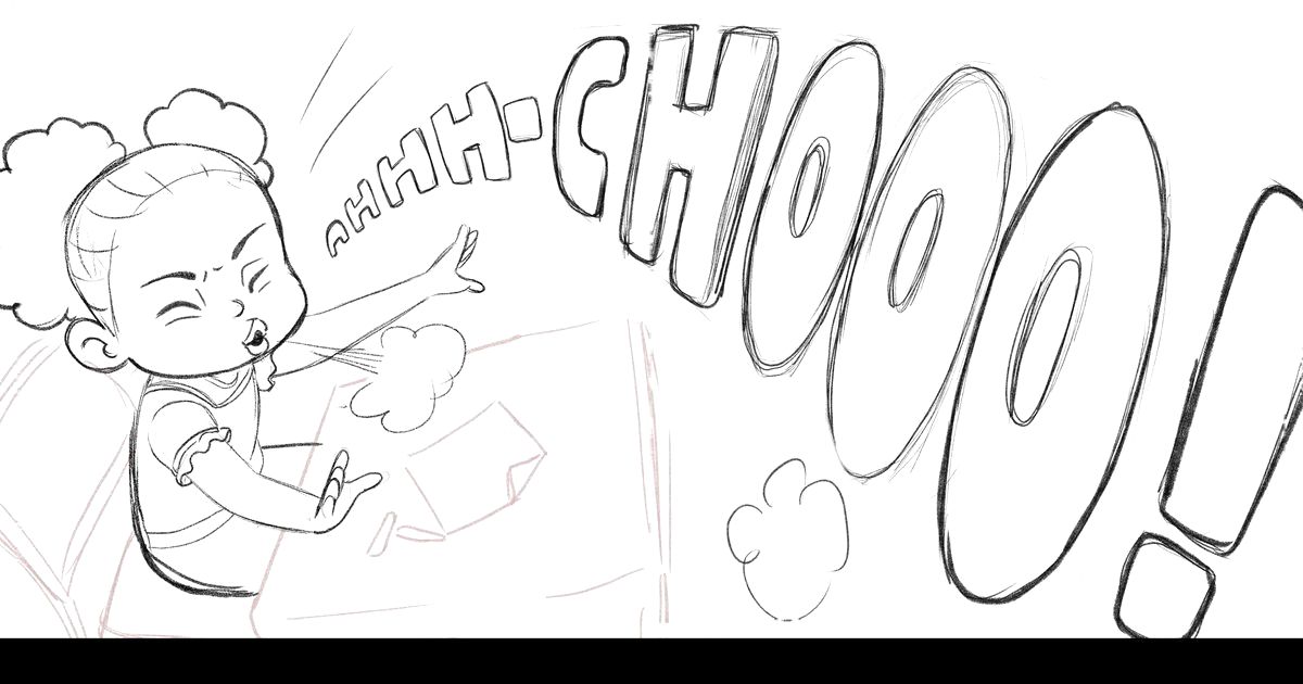 Hand-drawn sketch of a little girl sneezing — Who Can Stop the Sickies? by ChocoLit Press™