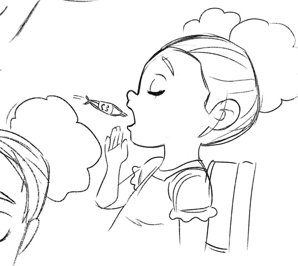 A sleepy girl yawns while a tiny Sickie sneaks into her open mouth.